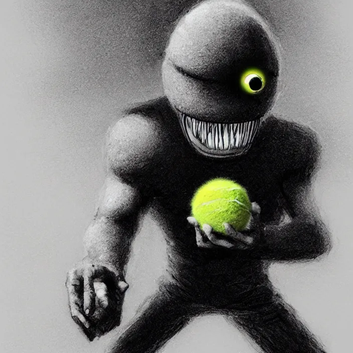 Image similar to cinematic portrait of a cute tennis ball monster in the abyss of space, chalk, masterpiece, trending on artstation, featured on pixiv, cinematic composition, dramatic pose, beautiful lighting, sharp details, hyper-detailed, HD, HDR, 4K, 8K, art by Basil Gogos