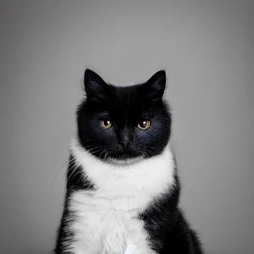 Prompt: fluffy black and white cat portrait, white cheeks, aesthetic highly detailed soft fur and paws, gentle blue eyes, professionally shot photorealistic 8k photograph, 35mm Canon EOS R3, rendered in octane, by Natalie Große and Jason Allison