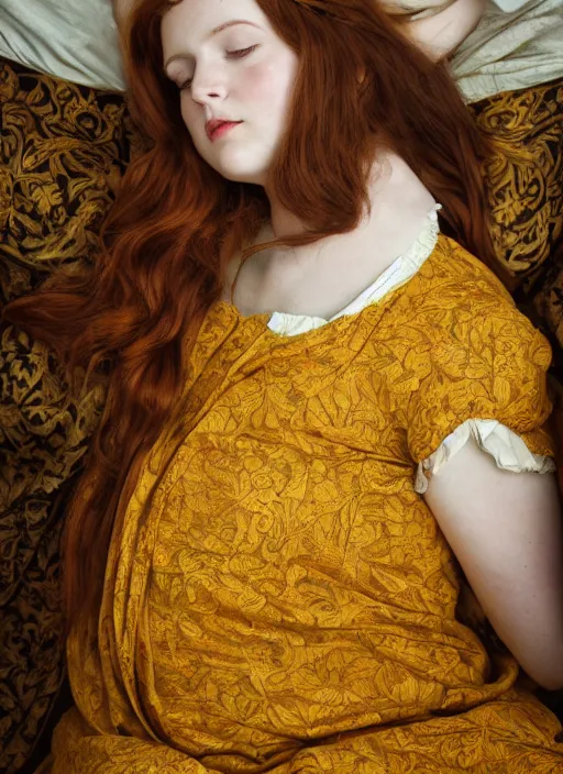 Image similar to preraphaelite portrait photography reclining on bed, brown hair fringe, yellow ochre ornate medieval dress, william morris, 4 k