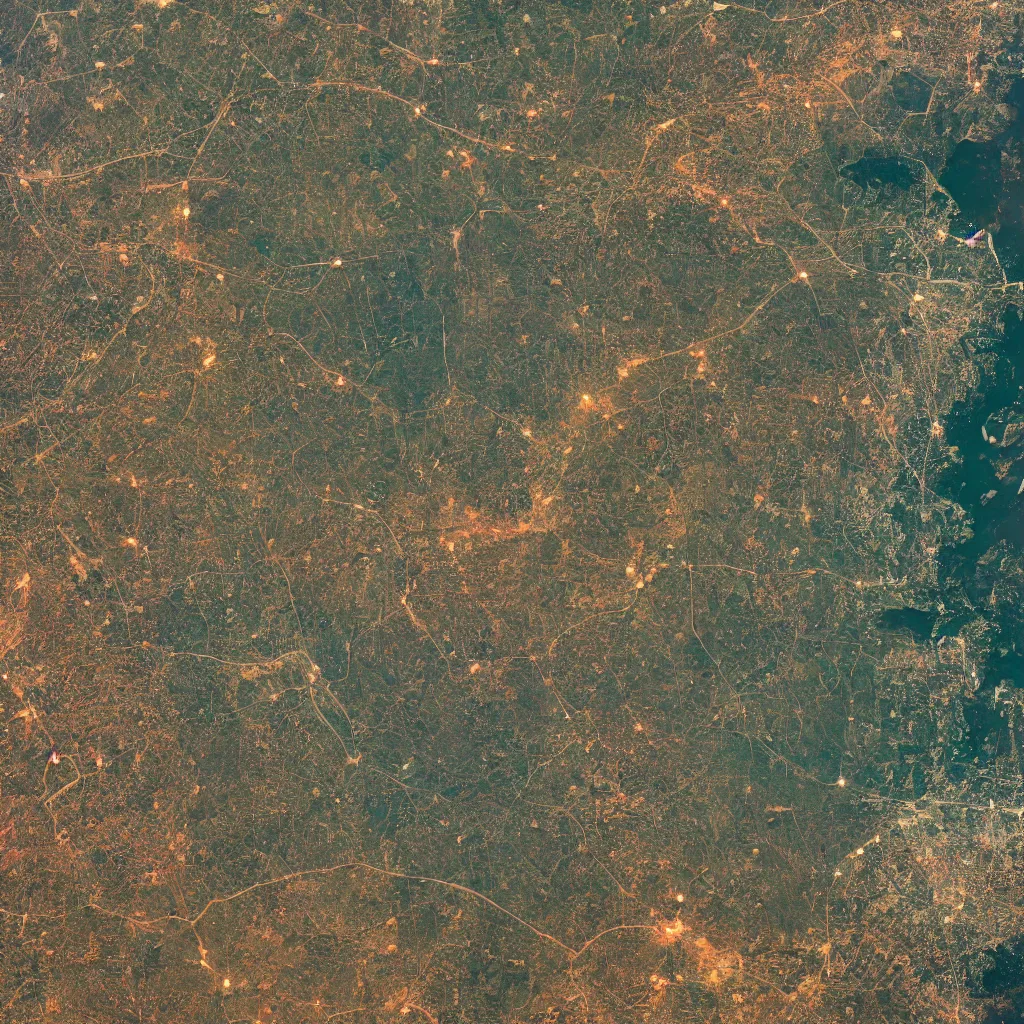 Image similar to a very polluted landscape seen by sentinel or landsat satellite during the night with very high lights and urban sediment, photorealistic, high resolution, best quality