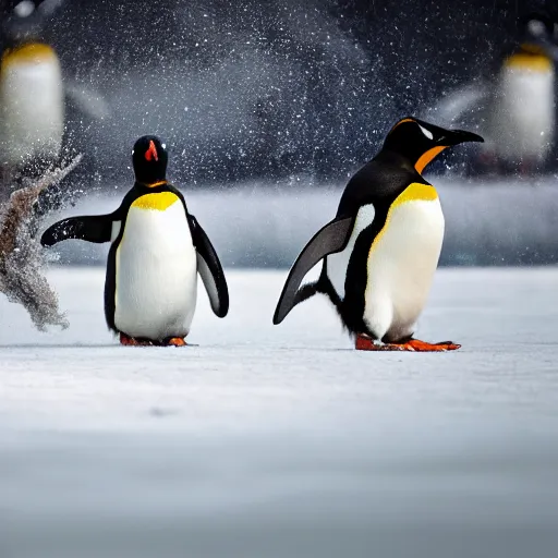 Image similar to penguins being chased by lightening while running on ice, wildlife photography, highly detailed, high quality, 8 k, soft lighting,