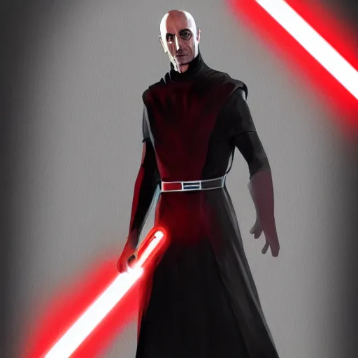 Prompt: dream A full body painting of mark strong as a sith acolyte in star wars, holding a red double-bladed lightsaber, art by benedick bana, matte painting, trending on artstation