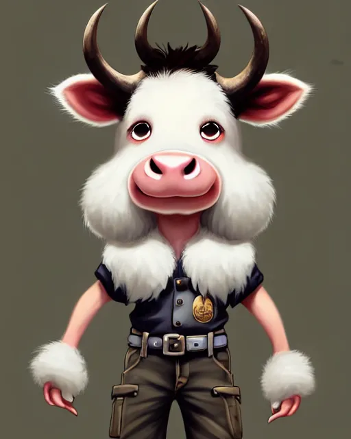 Image similar to character concept art of a cute young male anthropomorphic furry cow | | cute - fine - face, pretty face, key visual, realistic shaded perfect face, fine details by stanley artgerm lau, wlop, rossdraws, james jean, andrei riabovitchev, marc simonetti, and sakimichan, trending on artstation