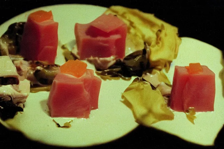 Image similar to tuna and cheese aspic in cyberspace, in 1 9 9 5, y 2 k cybercore, industrial low - light photography, still from a ridley scott movie