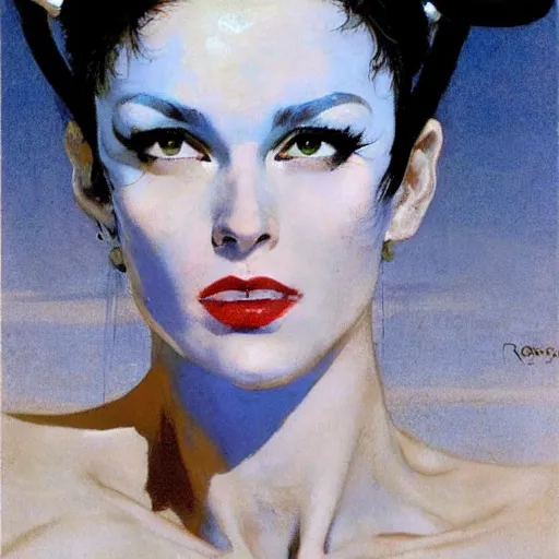 Image similar to Portrait frontal d'une femme chauve ricanante avec des cornes et des yeux bleus glacés, par Robert McGinnis.