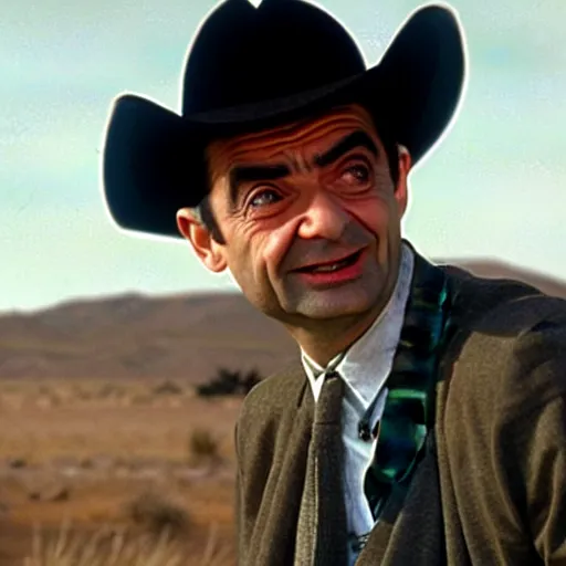 Prompt: an film still of Mr bean, cowboy movie, cinematic screen, Oscar winner screen