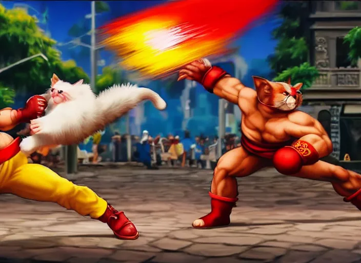 Image similar to cat fights hamster in street fighter 2 fotorealistic, 4 k