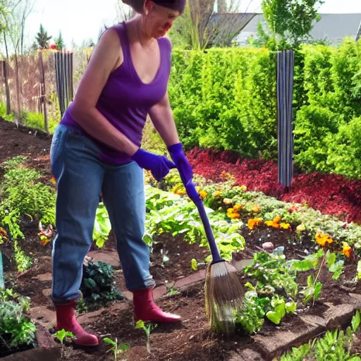 Image similar to a beautiful canadian woman, on her kness, doing some light gardening,
