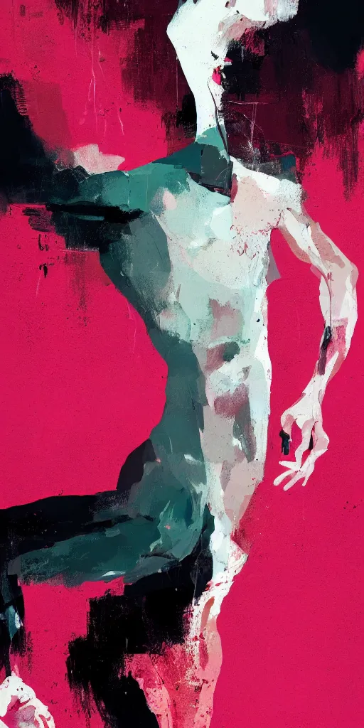 Image similar to closeup, very few thick long paint brush strokes, abstract depiction of the physique of one!!! very thin athletic man posing dramatically, closeup, matte colors, conrad roset, dark abstract background, abstract painting trending on artstation