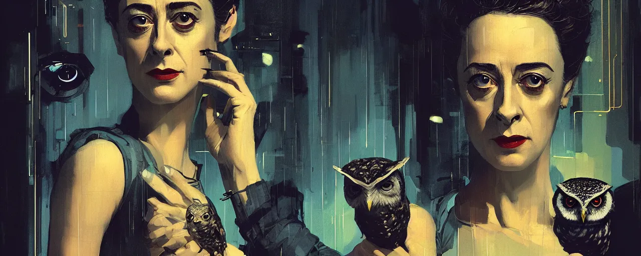 Image similar to duotone concept illustration 3 / 4 portrait of sean young as rachael from blade runner 1 9 8 2 with owl in the background. cinematic volumentric lighting. golden ratio tech noir by sachin teng and sergey kolesov and ruan jia and heng z. graffiti art, scifi, fantasy, hyper detailed. octane render. concept art. trending on artstation