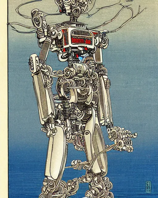 Image similar to Hiroshige portrait of a robot saint made of cables and robotic pod by Marc Silvestri