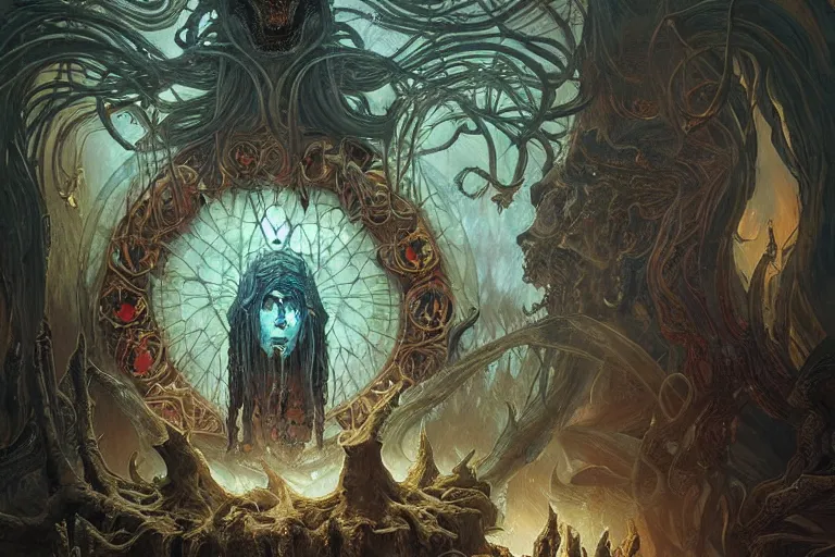 Prompt: a lovecraftian painting of a demonic shrine, occult, sacred ritual, cosmic horror elements, ultra realistic, concept art, intricate details, eerie, highly detailed, photorealistic, octane render, 8 k, unreal engine. art by artgerm and greg rutkowski and alphonse mucha