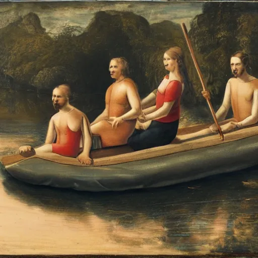 Image similar to four people on a wooden raft