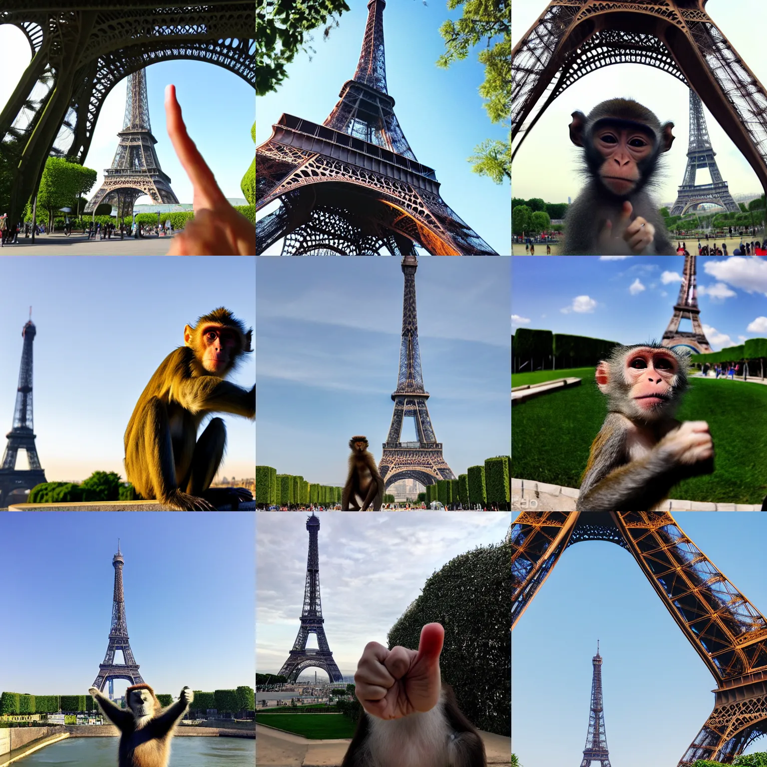 Prompt: photo of a monkey giving thumbs up in front of eiffel tower, giving thumbs up
