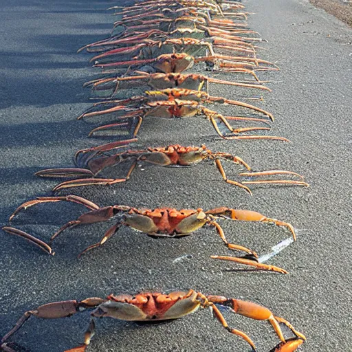 Image similar to crabs lined up in a single file line across a giant perfectly flat concrete plane that goes out as far as the eye can see