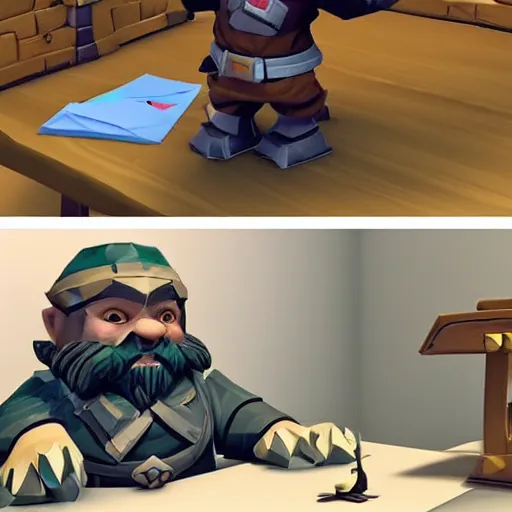 Prompt: A low poly dwarf peeking over his desk surprised at the amount of mail on the desk, deep rock galactic, video game