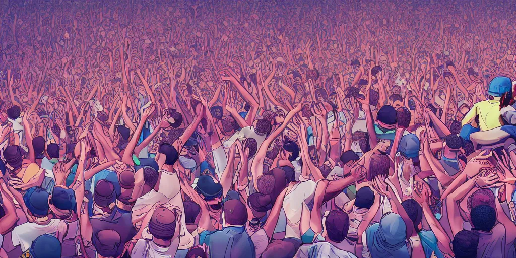 Image similar to rapper leaning over huge crowd reaching up to him, digital art, vapor wave, hip hop, trending on Artstation, professional artist, detailed, 4k