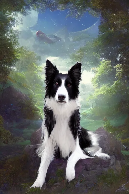 Image similar to sitting border collie with fantasy background by beeple and rossdraws