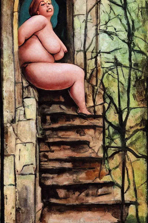 Prompt: plus - sized woman sitting on the stairs of a medieval building, summer, nature, natural light, forest setting, 1 9 6 0 s art, neo - renaissance, pop art, mixed media, by tom wesselman, by mel ramos, by martial raysse, by antonello de messina, by jim silke