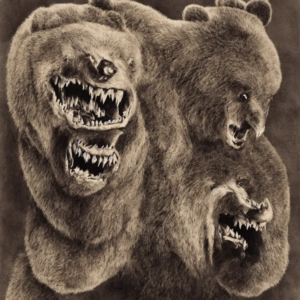 Prompt: horrifying bear, fangs, style of mark powell