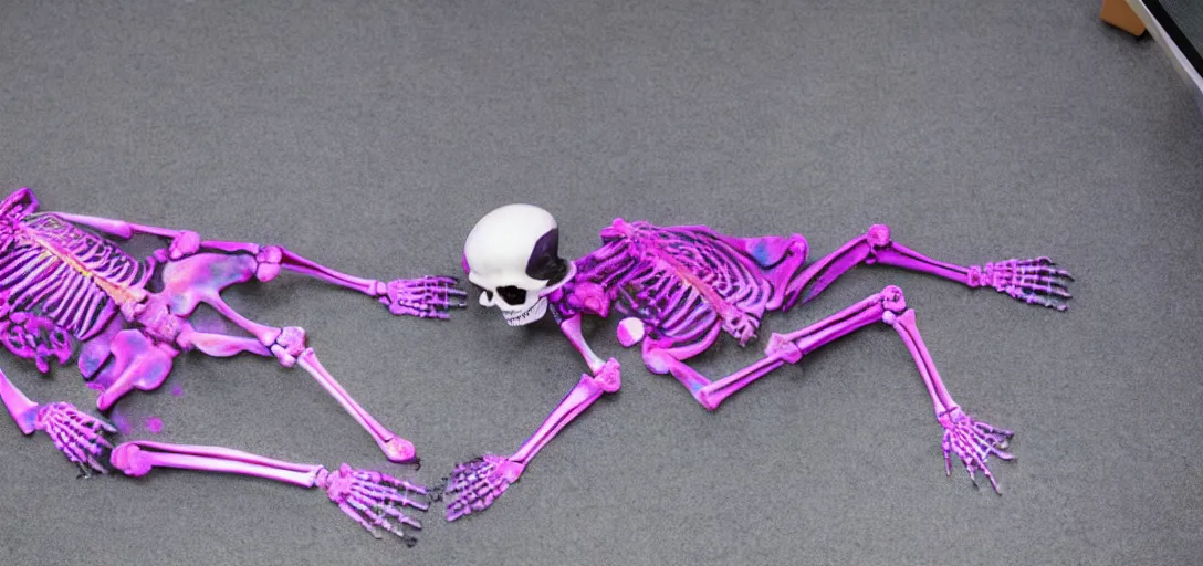 Image similar to the skeleton lies on the ground in front of the computer, office, magenta and blue