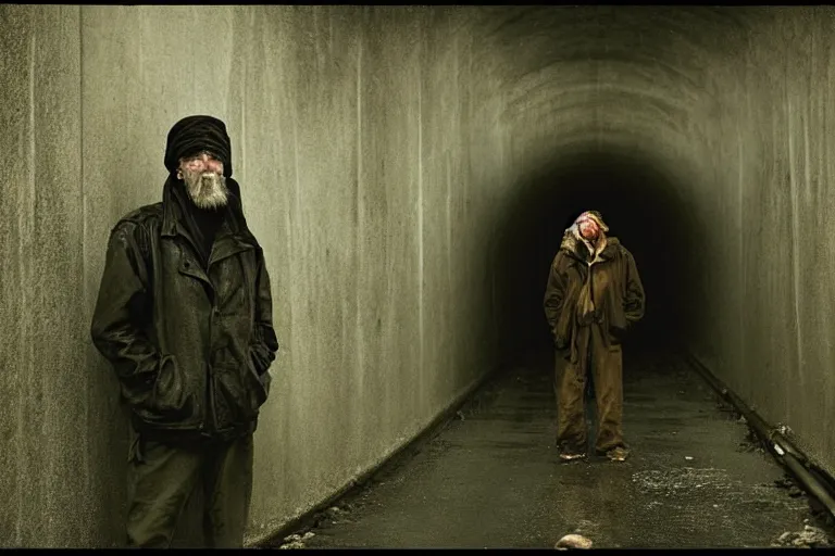 Image similar to a cinematic!! headshot photograph!! of a beautiful homeless war veteran, stood in a tunnel, rain, film still, cinematic, dramatic lighting, by bill henson