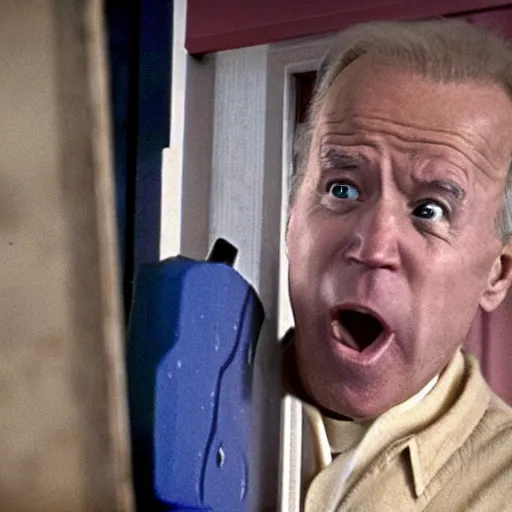 Prompt: Joe Biden breaking down door with axe in the movie the Shining