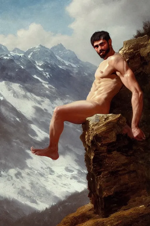 Prompt: a homoerotic portrait by greg rutkowski and albert bierstadt and bill ward of a shirtless handsome desi hiker on a mountain peak | he is wearing a revealing tartan kilt | background is snowy mountains and clouds | detailed face, ethereal, dreamlike | trending on artstation