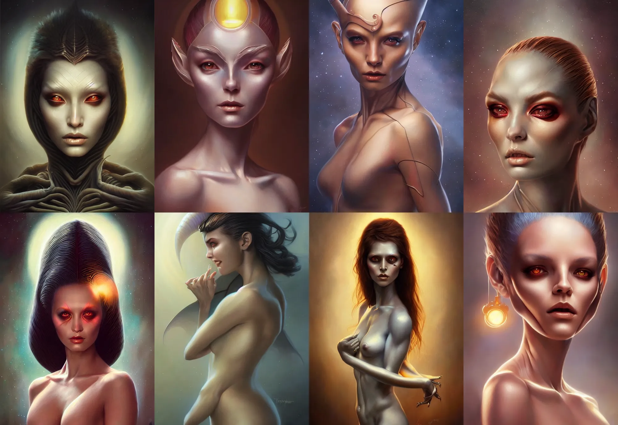 Prompt: a beautiful alien woman with paper skin, painted by artgerm and tom bagshaw, fantasy art, dramatic lighting, highly detailed oil painting