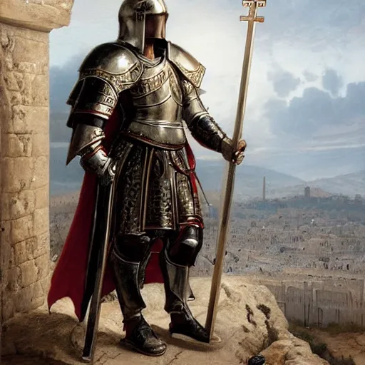 Prompt: man in decorated 15 century crusader armor, helmet and white cape with cross on it standing at the gates of jerusalem drawn by greg rutkowski realistic high detail