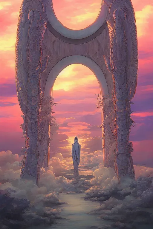 Prompt: the portal to heaven by hiroshi yoshida and moebius and loish and artgerm, painterly, symmetrical, ultra detailed, hyper realistic, illustration, sunset lighting