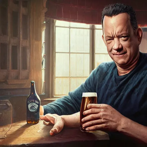 Prompt: tom hanks drinking a beer, highly detailed vfx portrait, unreal engine, greg rutkowski, loish, rhads, caspar david friedrich, makoto shinkai and lois van baarle, ilya kuvshinov, rossdraws, elegent, tom bagshaw, alphonse mucha, global illumination, detailed and intricate environment.