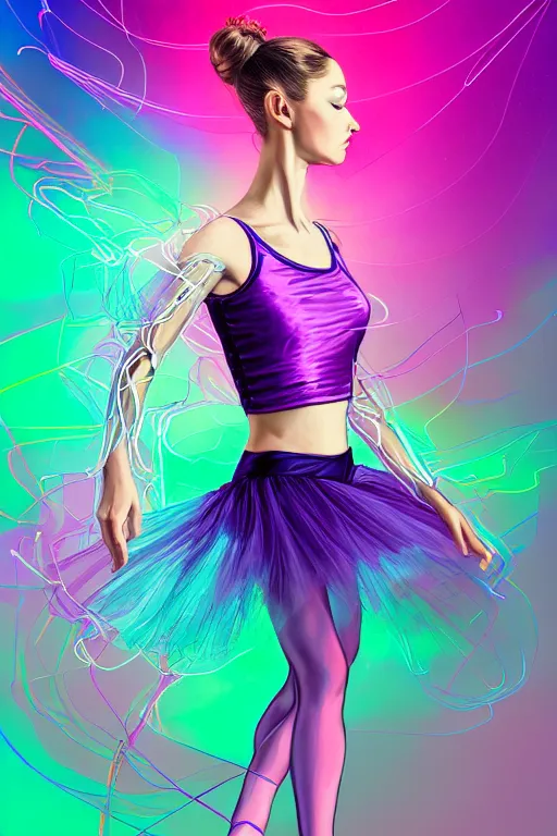 Image similar to a award winning half body portrait of a beautiful ballerina in a crop top and tutu with ombre purple pink teal hairstyle and hands in pockets by ari liloan, surrounded by whirling illuminated lines, outrun, vaporware, shaded flat illustration, digital art, trending on artstation, highly detailed, fine detail, intricate