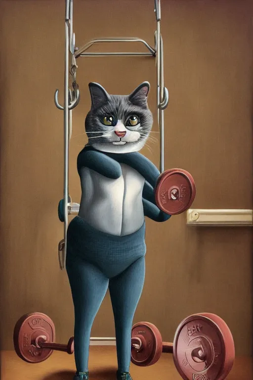 Image similar to anthro cat working out in the gym, an ultrafine detailed painting by mark ryden, trending on deviantart, pop surrealism, whimsical, lowbrow, grotesque