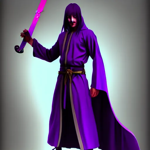 Image similar to demon in purple robe with sword, artstation, fantasy
