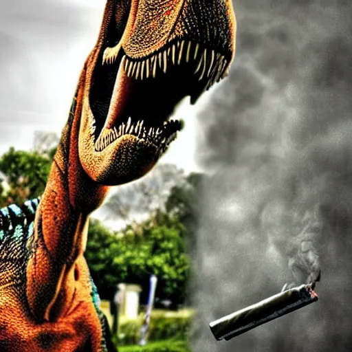 Image similar to dinosaur smoking a cigarette in their mouth realistic hdr professional shot