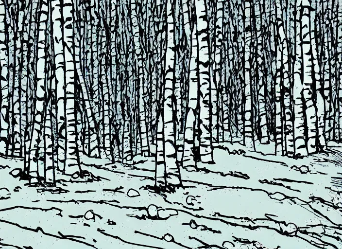 Image similar to rocky snowdrift birch landscape background from calvin and hobbes by bill watterson