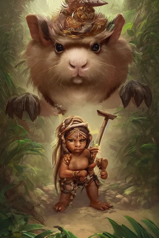 Image similar to cute little anthropomorphic Guinea Pig Indian Jungle native, tiny, small, short, wielding spear, cute and adorable, pretty, beautiful, DnD character art portrait, matte fantasy painting, DeviantArt Artstation, by Jason Felix by Steve Argyle by Tyler Jacobson by Peter Mohrbacher, cinematic lighting