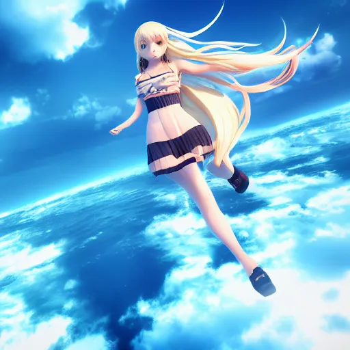 Image similar to a very beautiful and evil 3d anime girl flying over sea, unreal engine 5 4k render, hazler eyes, cute smile, trending on artstation, medium shot, long blonde hair