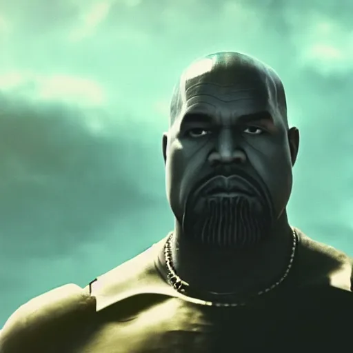 Image similar to Portrait of Kanye West as thanos, splash art, movie still, cinematic lighting, dramatic, octane render, long lens, shallow depth of field, bokeh, anamorphic lens flare, 8k, hyper detailed, 35mm film grain