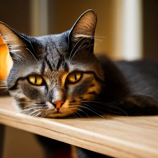 Image similar to Cat looking disappointed, on kitchen table, 40nm lens, shallow depth of field, split lighting, 4k,