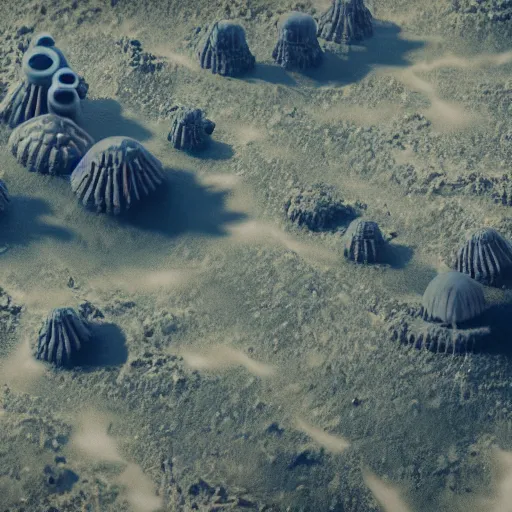 Prompt: aerial surveillance video still from a planetary Reconnaissance drone flying over a desolate mountain planet with strange mushroom settlements, sci-fi film, highly detailed