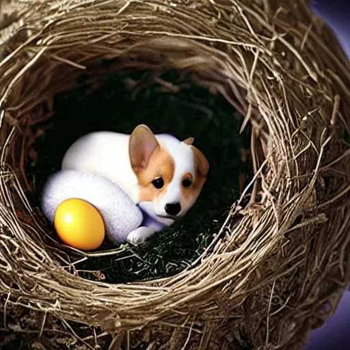 Image similar to concept art of a baby corgi sleeping in an egg in a nest, anne geddes