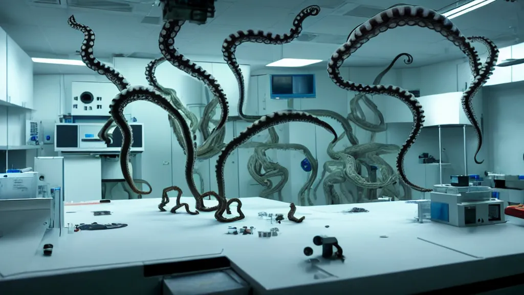 Image similar to a mri 3 d printer machine and control panels in the laboratory inspection room making mutant octopus forms, film still from the movie directed by denis villeneuve with art direction by salvador dali, wide lens