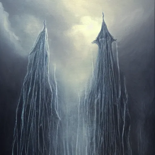 Prompt: a painting of many spindly towers reaching up into grey clouds, waterfalls made of grey ash fall from the clouds, god rays of blue light stream down, melancholy, fantastical