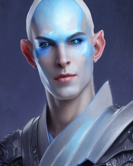 Image similar to character portrait of a slender young half elven man with white hair piercing blue eyes and pale blue skin, wearing sleek pearlescent black armor, by greg rutkowski and mark brookes and jim burns and tom bagshaw and magali villeneuve, trending on artstation