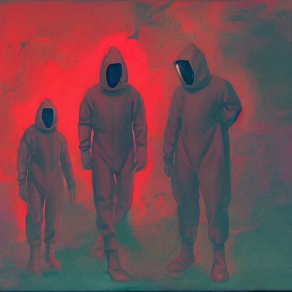 Prompt: two scientists wearing red rick owens hazmat suits escaping the neon event horizon by frank frazetta. pastel nebula background.