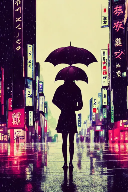 Prompt: A megan fox with an umbrella waiting to cross Shibuyas crossing in Japan, back facing the camera, rainy afternoon, beautiful volumetric lighting, intricate, digital painting, cyberpunk colours