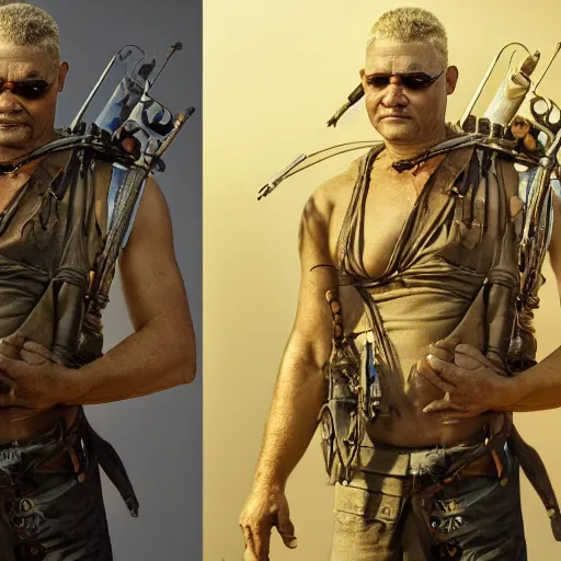 Image similar to Epic Masterpiece action shot of Lawrence Fishburne as Immortan Joe in Mad Max: Fury road (2015), drawn by Donato Giancola and Tom Bagshaw, Edmund Leighton, Alphonse Mucha, 4k, volumetric lighting, komorebi, trending on artstation, octane render, hyperrealistic