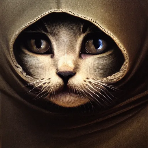 Image similar to a portrait of a kitten wearing a black hood, cloak covering face, anatomically correct, beautiful perfect face, enigmatic, oil painting, matte, black background, Volumetric dynamic lighting, Highly Detailed, Cinematic Lighting, Unreal Engine, 8k, HD, by Beksinski